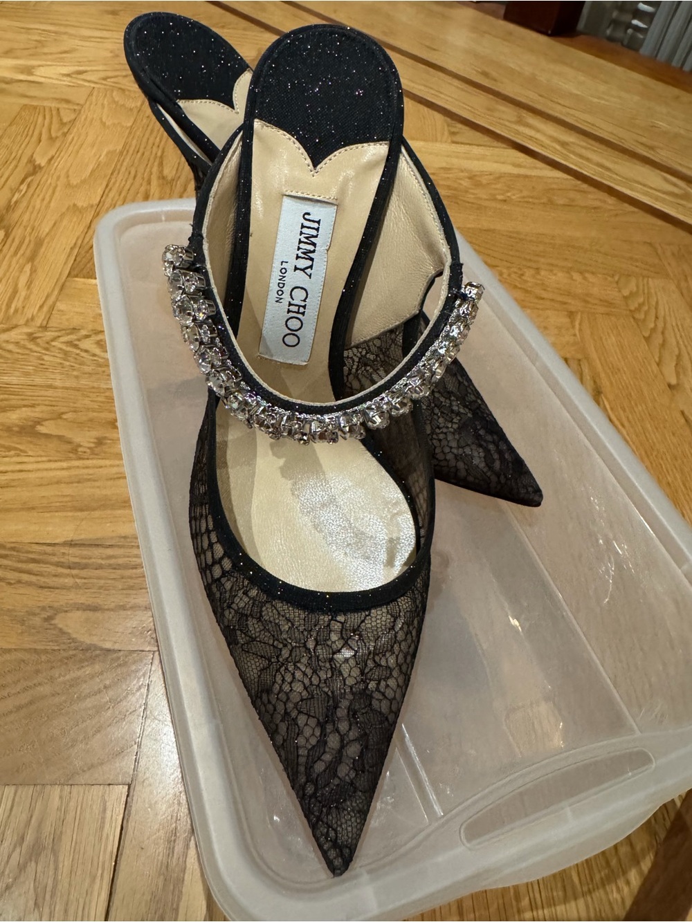Jimmy Choo Bing 65 Black Lace Heels with Glitter Strap, Size 8, Never Worn - Picture 6 of 6